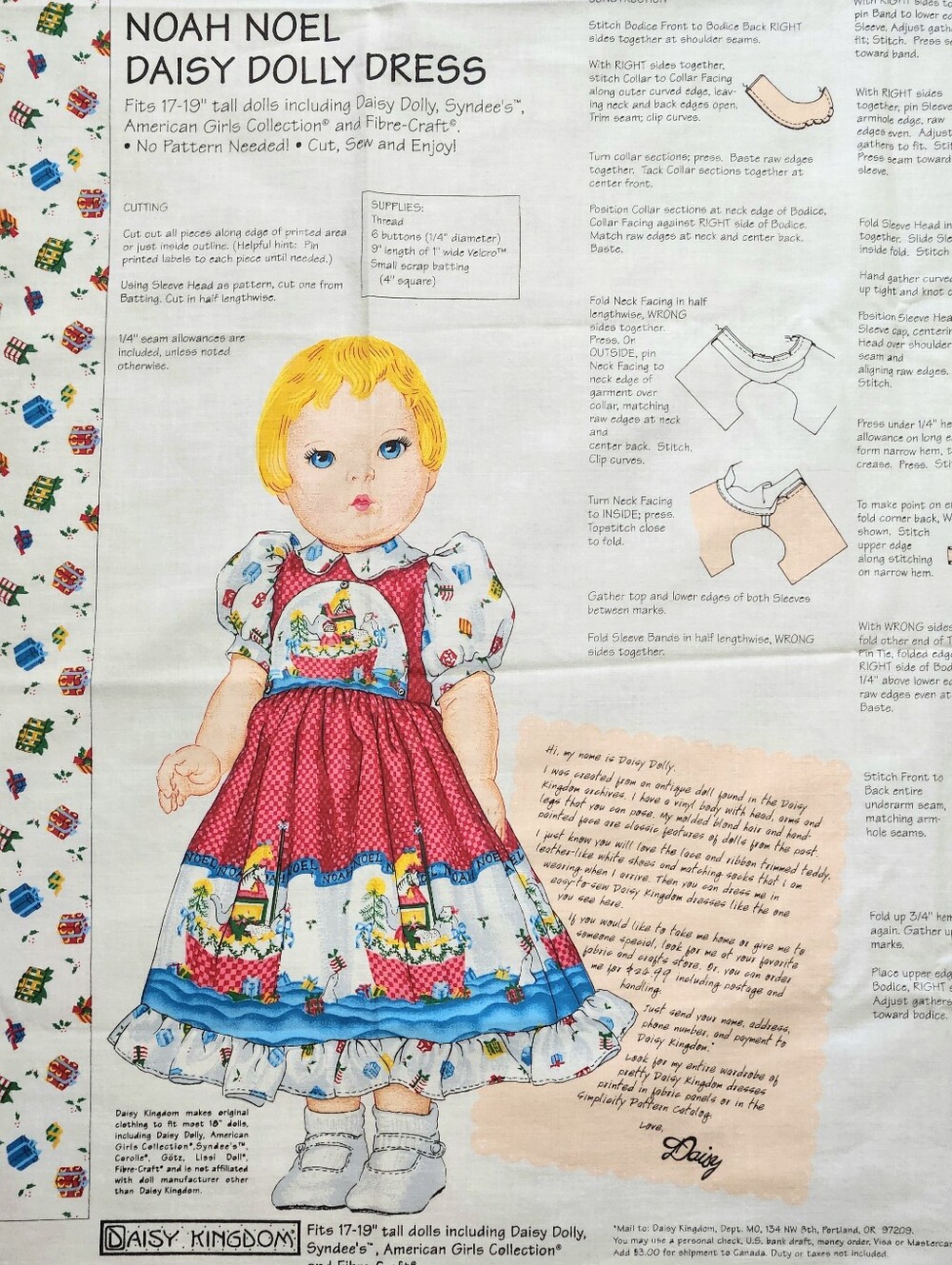 Vintage 1997 Daisy Kingdom Noah Noel 18" Doll Christmas Fabric Panel